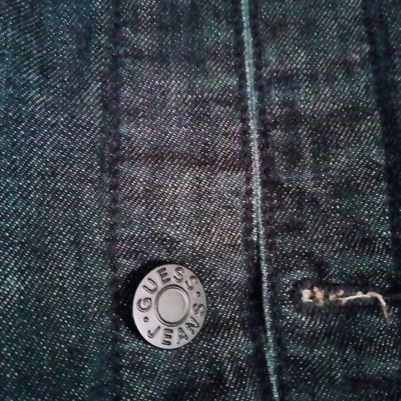 Guess (Size L) Dark Wash Distressed Denim & Hooded Combo Sweater Jacket - Picture 4 of 9